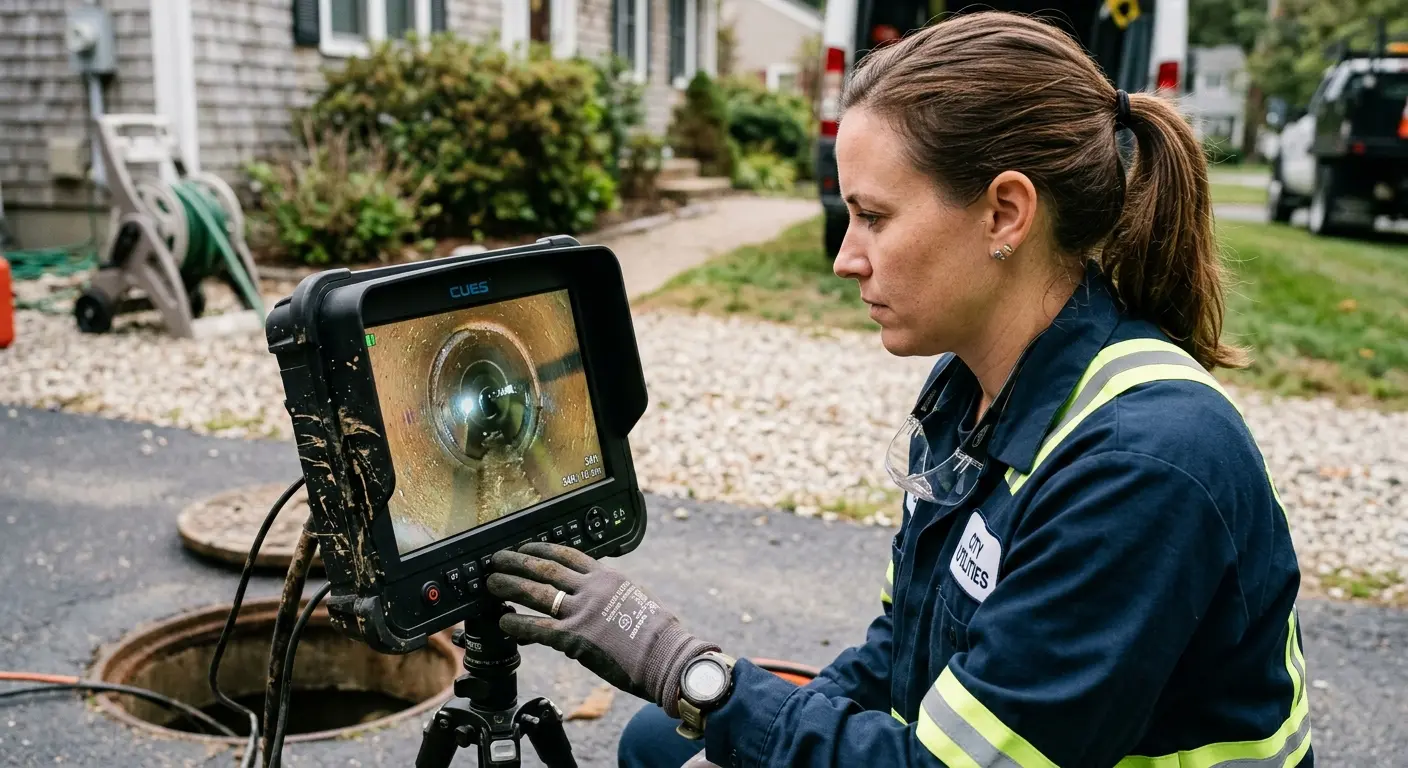 Technician reviewing sewer camera inspection footage in Columbine