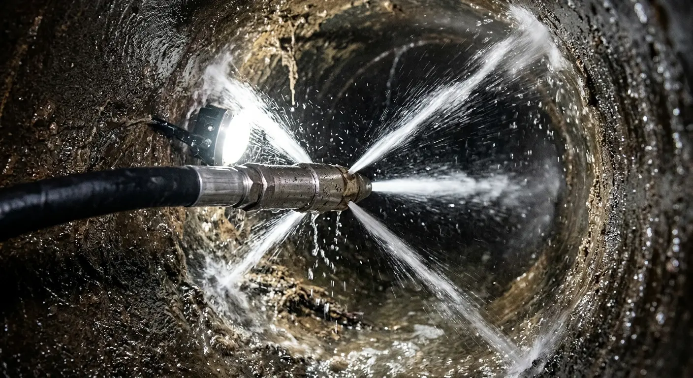 High-pressure hydro jetting nozzle cleaning sewer pipe for Emergency Drain Service in Columbine