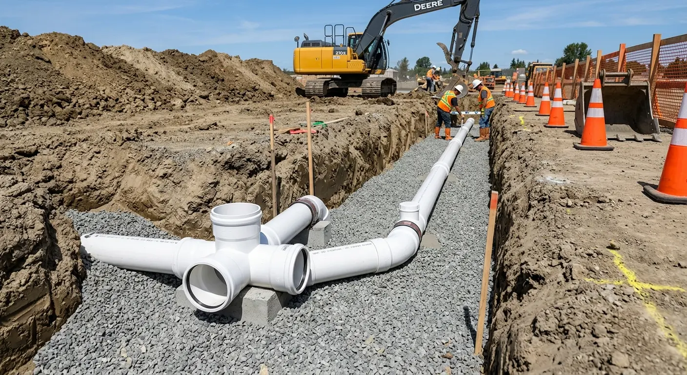New PVC sewer pipe installation in open trench for Commercial Drain Cleaning in Columbine