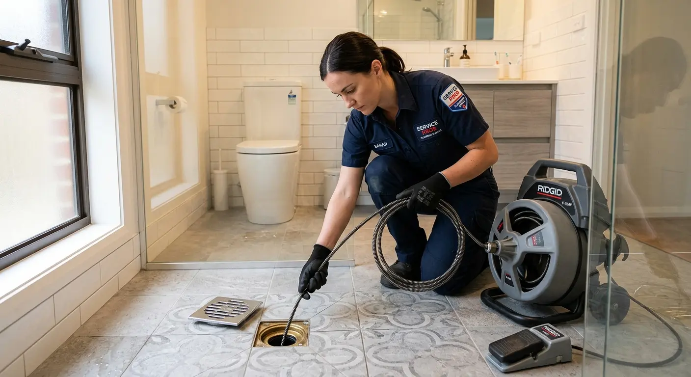 Technician clearing a bathroom floor drain for Clogged Drain Repair in Columbine